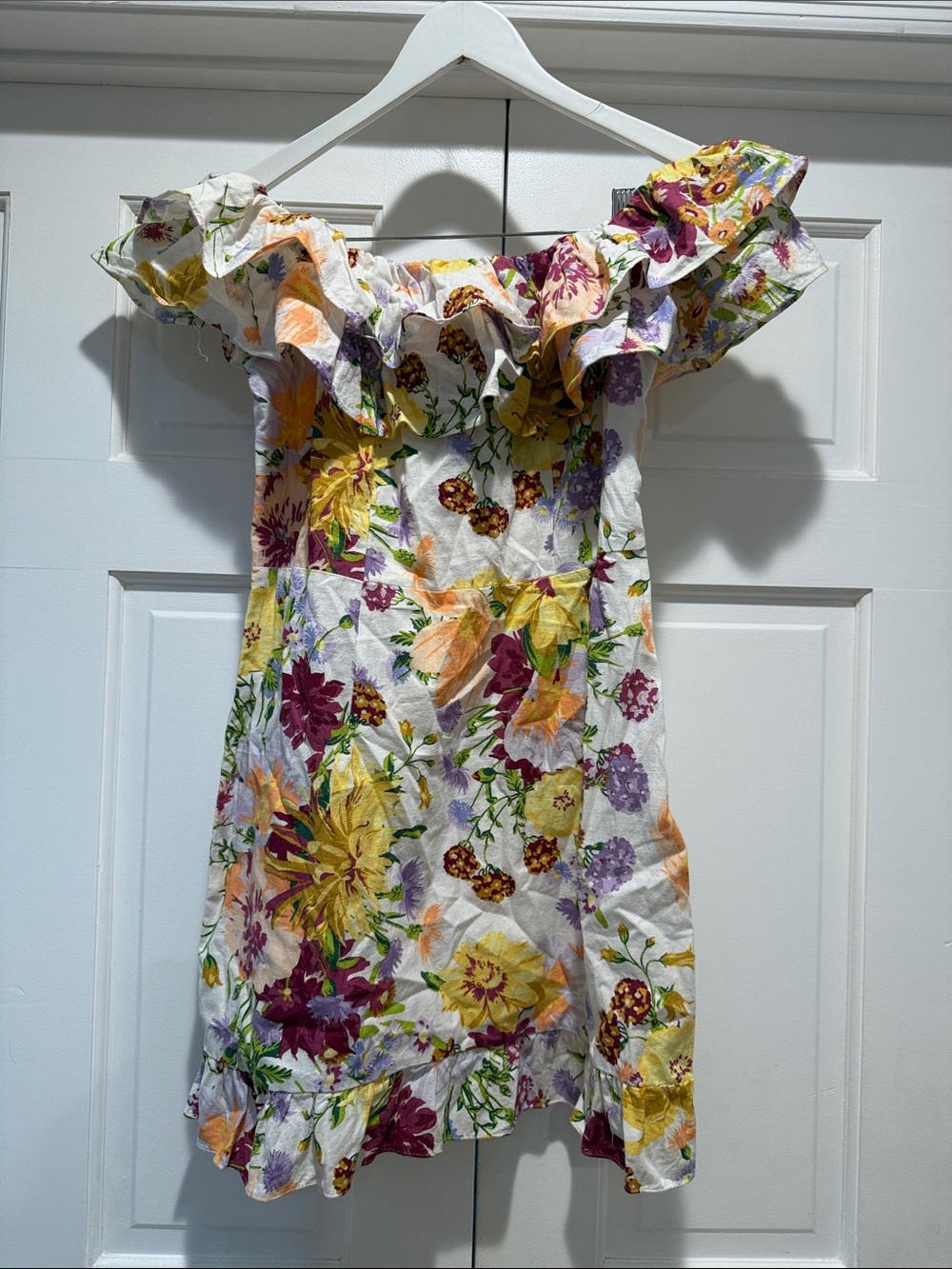 H&M White Floral Off-Shoulder Mini Dress with Yellow, Purple & Orange Blooms
